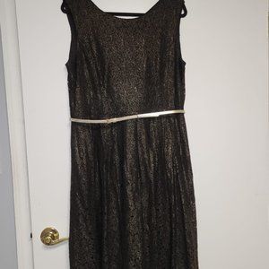 Ellen Tracy Black and Gold Lace Dress with Gold Belt Size 16